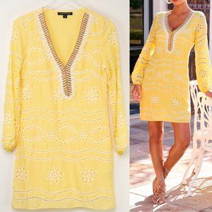 Boston Proper Mini Shift Dress Beaded Embellished Lace Lemon Drop Yellow XXS